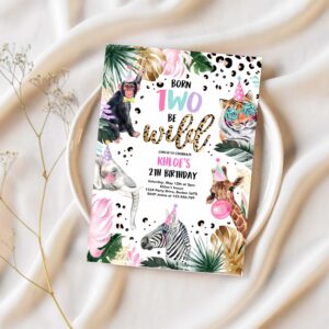 Editable born to be wild leopard print safari animals birthday party invitation leopard print born two wild birthday party 1