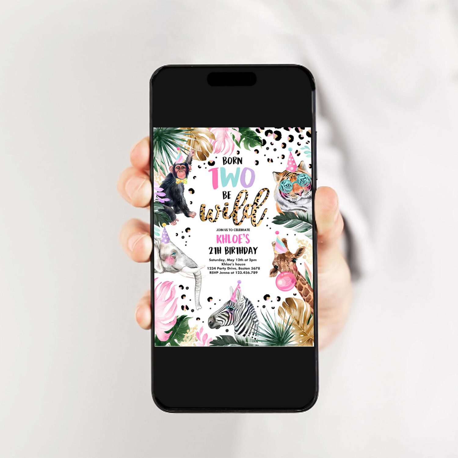 Editable born to be wild leopard print safari animals birthday party invitation leopard print born two wild birthday party 2