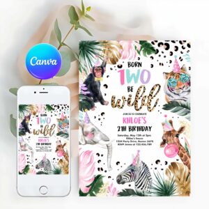 Wild One Invitation, Born To be Wild Leopard Print Safari Animals Birthday Party Invitation