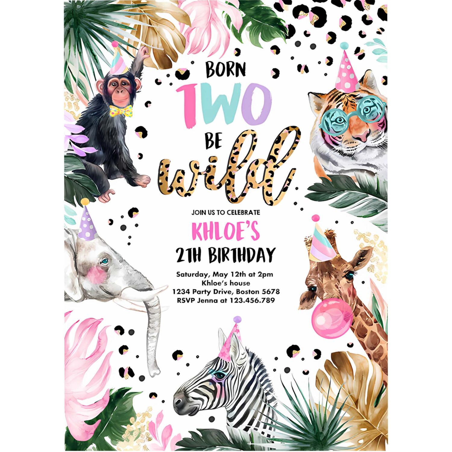 Editable born to be wild leopard print safari animals birthday party invitation leopard print born two wild birthday party 4