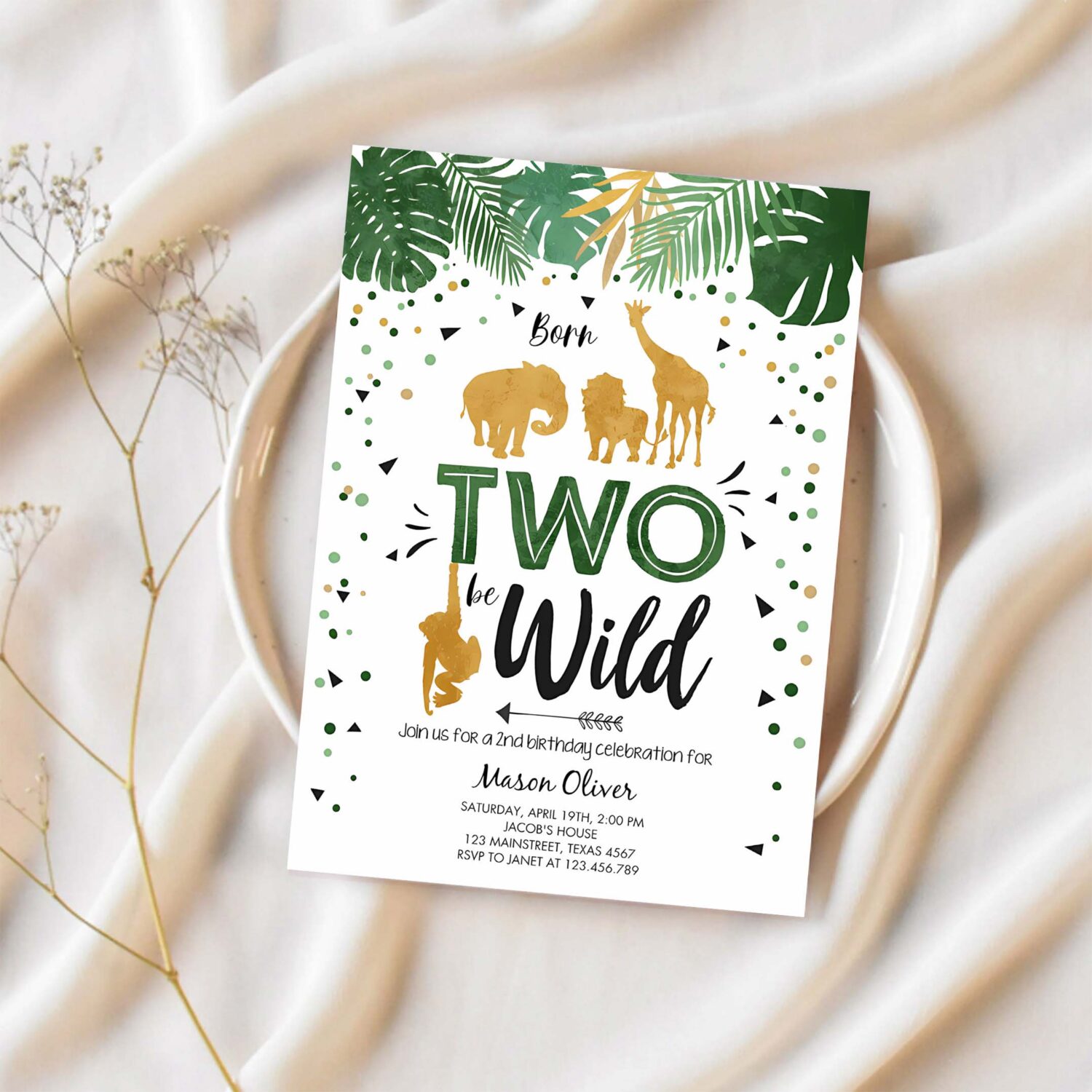 Editable born two be wild birthday invitation boy animals jungle safari green gold 2nd birthday download printable template corjl 0016 1