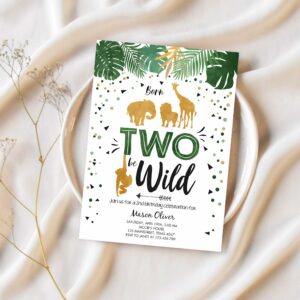 Editable born two be wild birthday invitation boy animals jungle safari green gold 2nd birthday download printable template corjl 0016 1