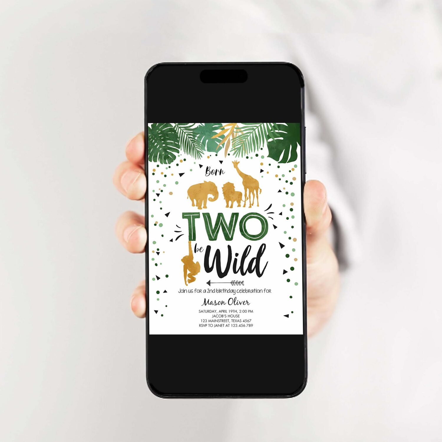 Editable born two be wild birthday invitation boy animals jungle safari green gold 2nd birthday download printable template corjl 0016 2