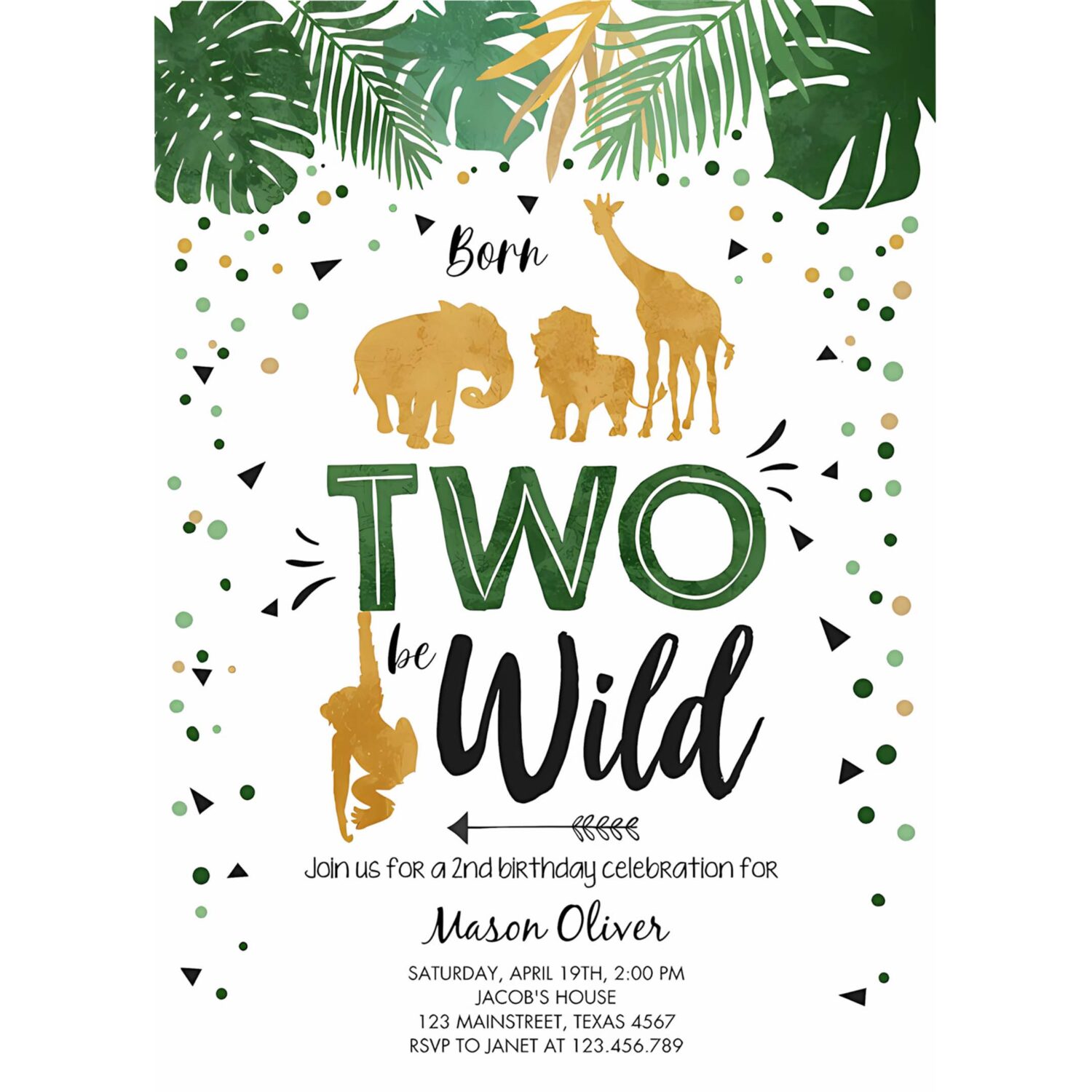 Editable born two be wild birthday invitation boy animals jungle safari green gold 2nd birthday download printable template corjl 0016 4