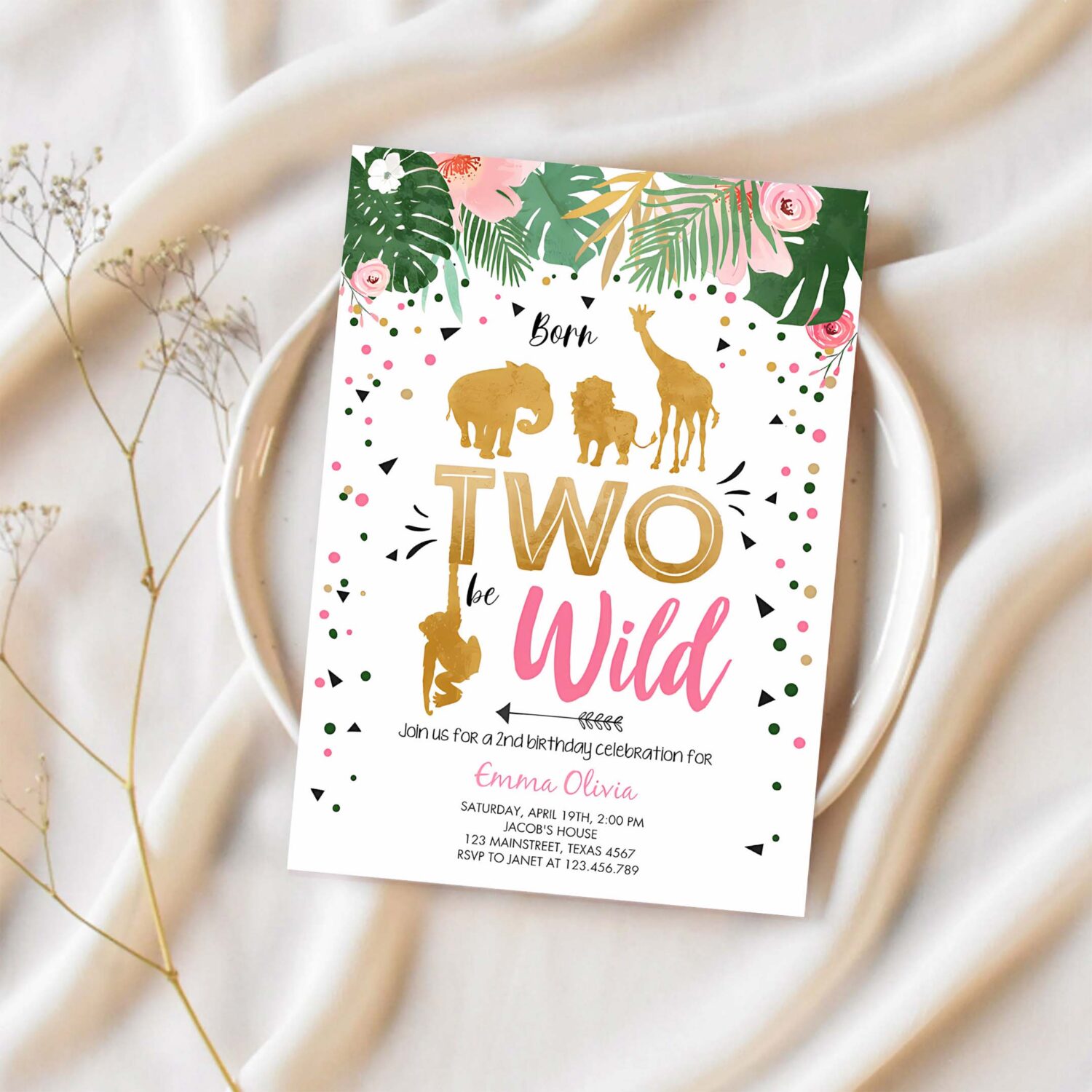 Editable born two be wild birthday invitation girl animals jungle safari pink gold 2nd birthday download printable template corjl 0016 1