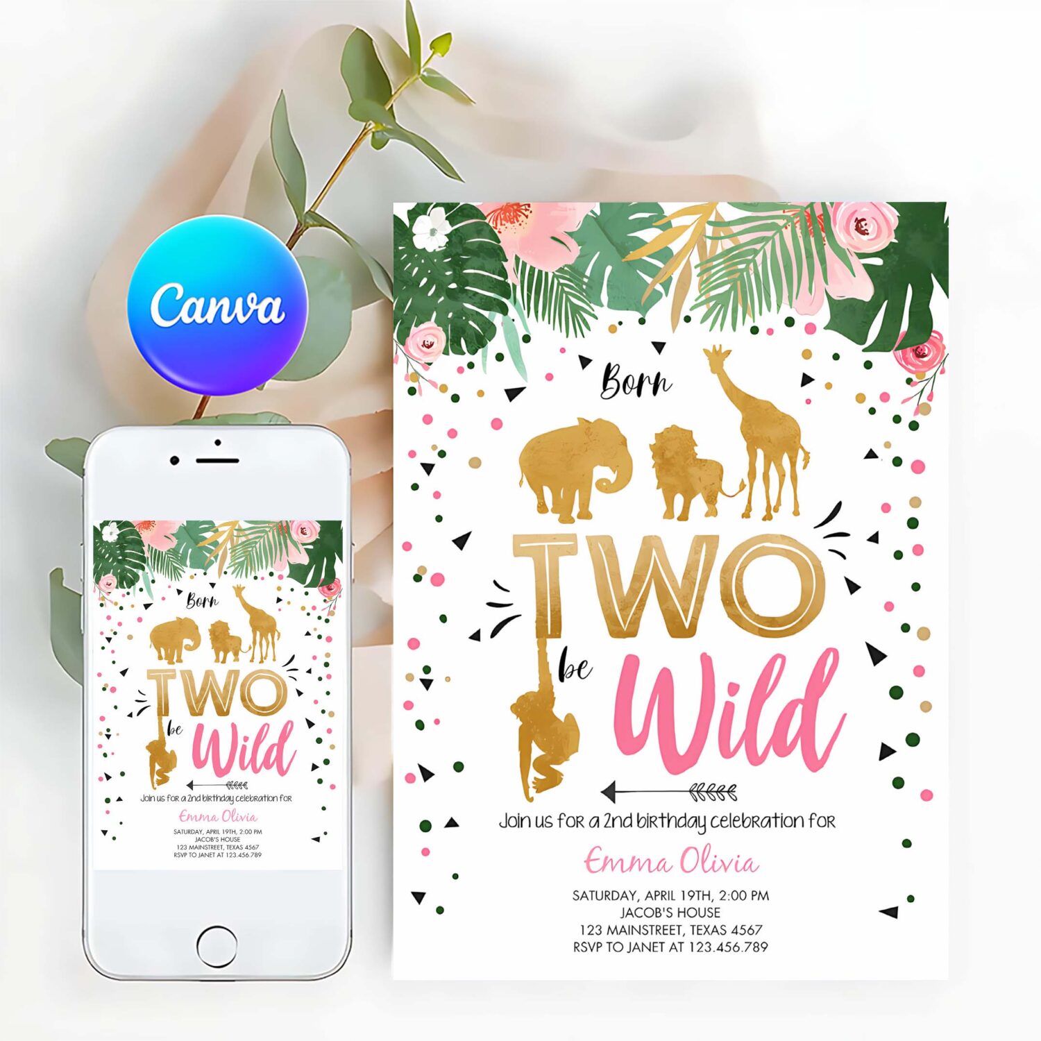 Editable born two be wild birthday invitation girl animals jungle safari pink gold 2nd birthday download printable template corjl 0016
