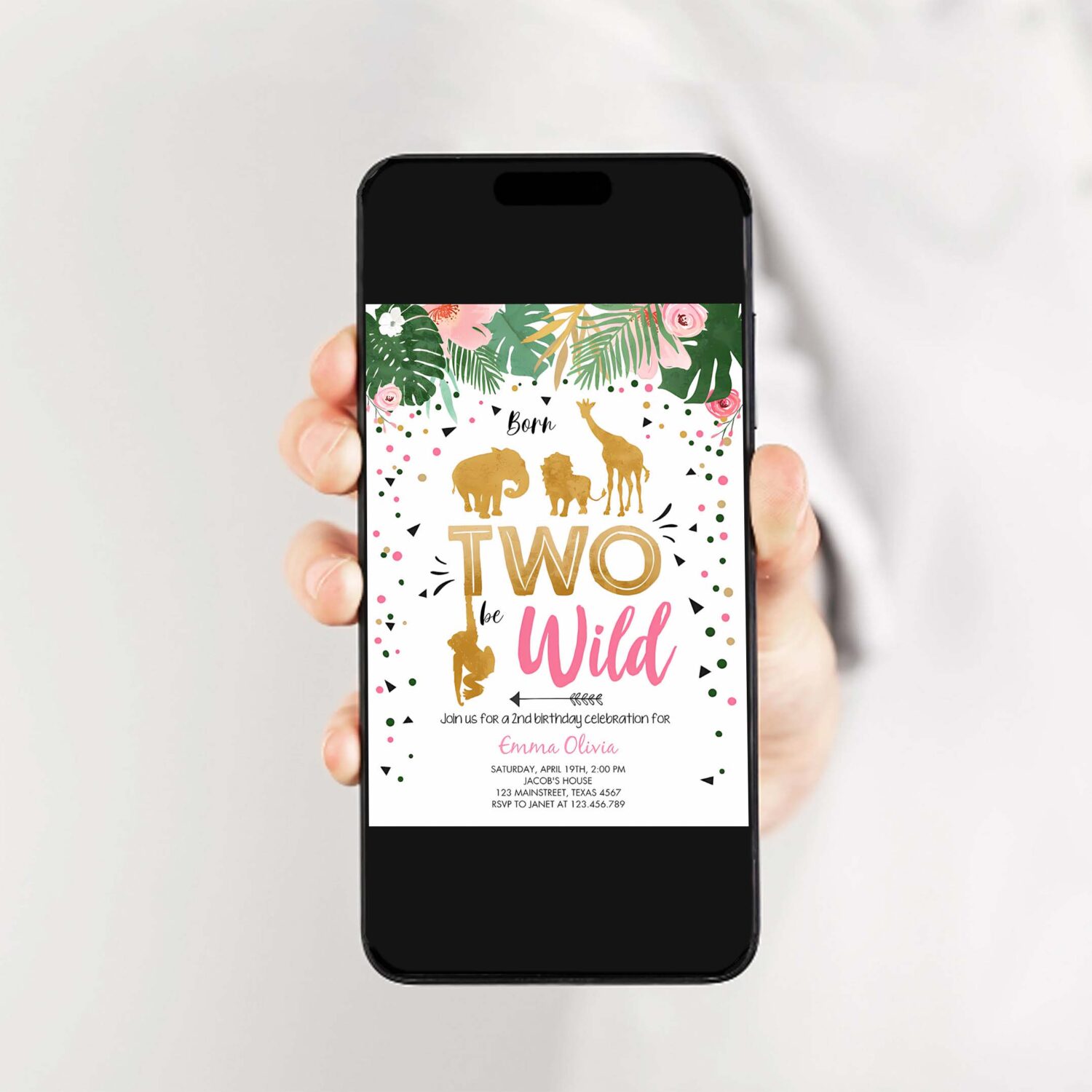 Editable born two be wild birthday invitation girl animals jungle safari pink gold 2nd birthday download printable template corjl 0016 2