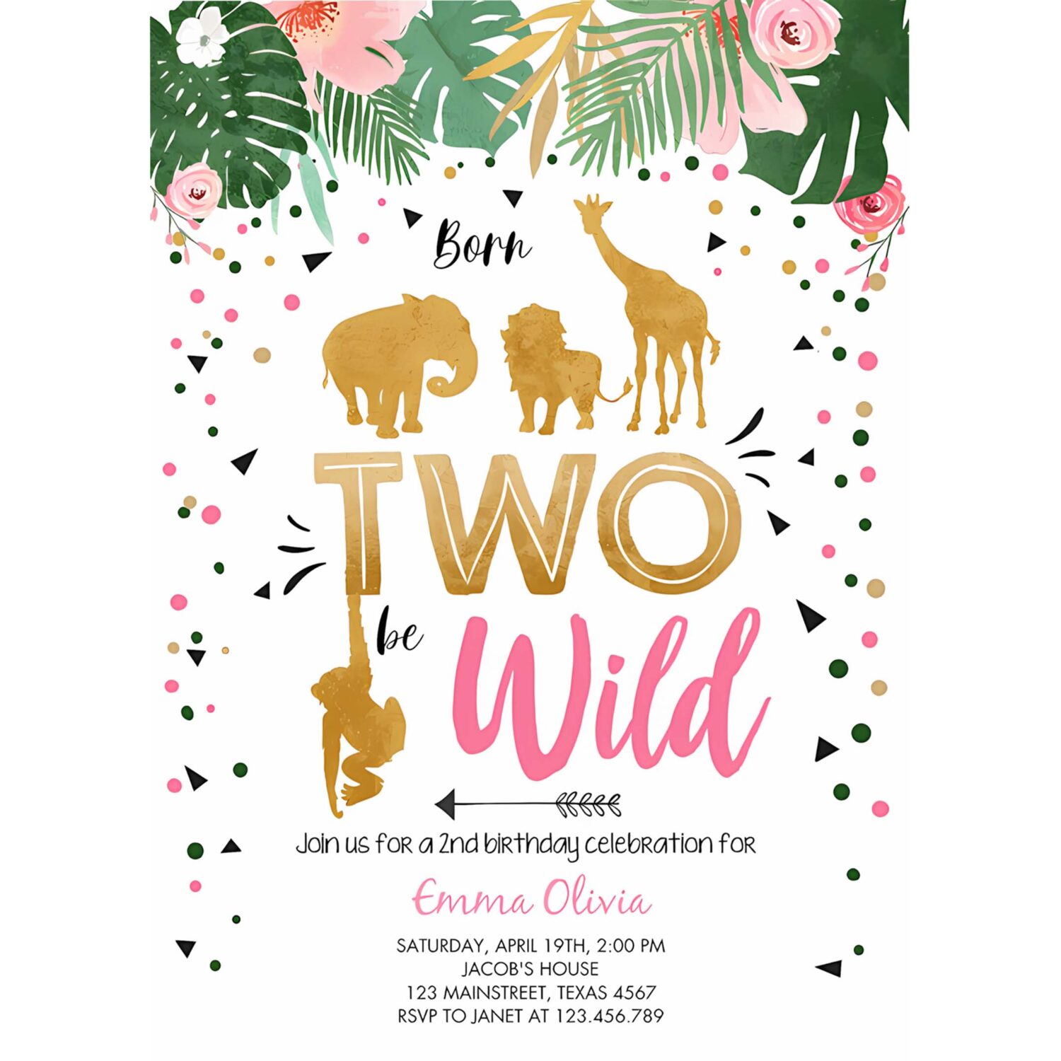 Editable born two be wild birthday invitation girl animals jungle safari pink gold 2nd birthday download printable template corjl 0016 4