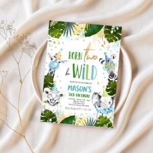 Editable born two be wild birthday invitation safari animal invite born two be wild 2nd birthday monochrome jungle party 1