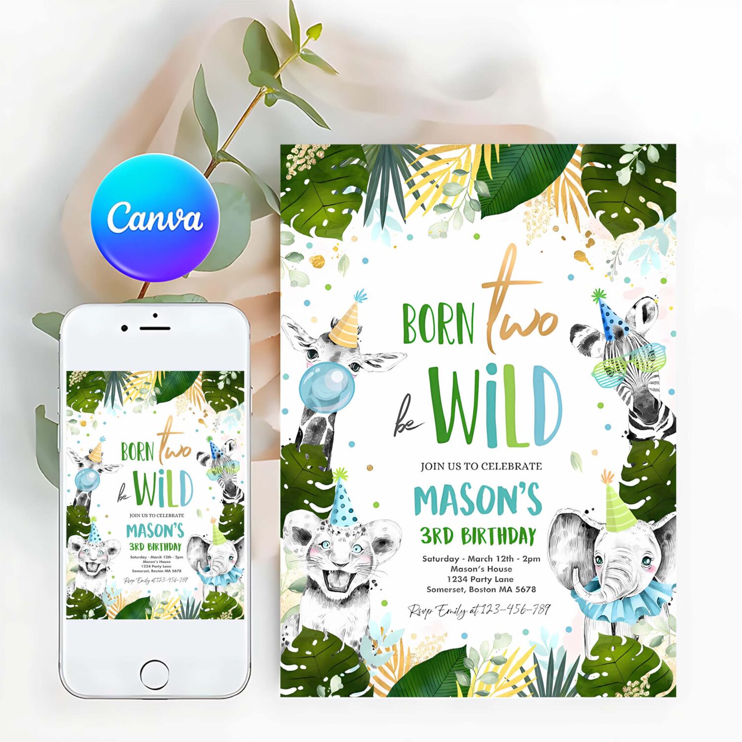 Editable born two be wild birthday invitation safari animal invite born two be wild 2nd birthday monochrome jungle party
