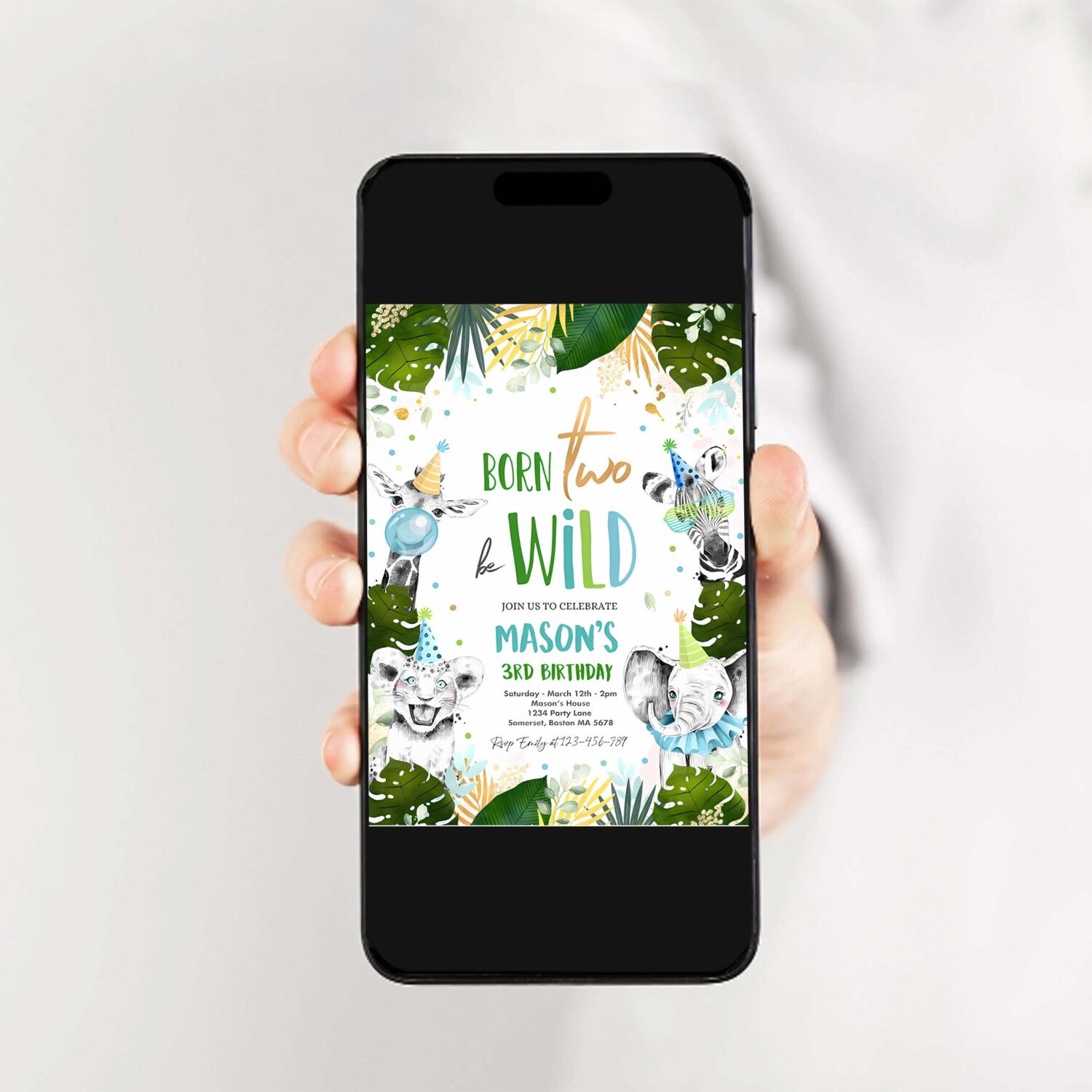 Editable born two be wild birthday invitation safari animal invite born two be wild 2nd birthday monochrome jungle party 2