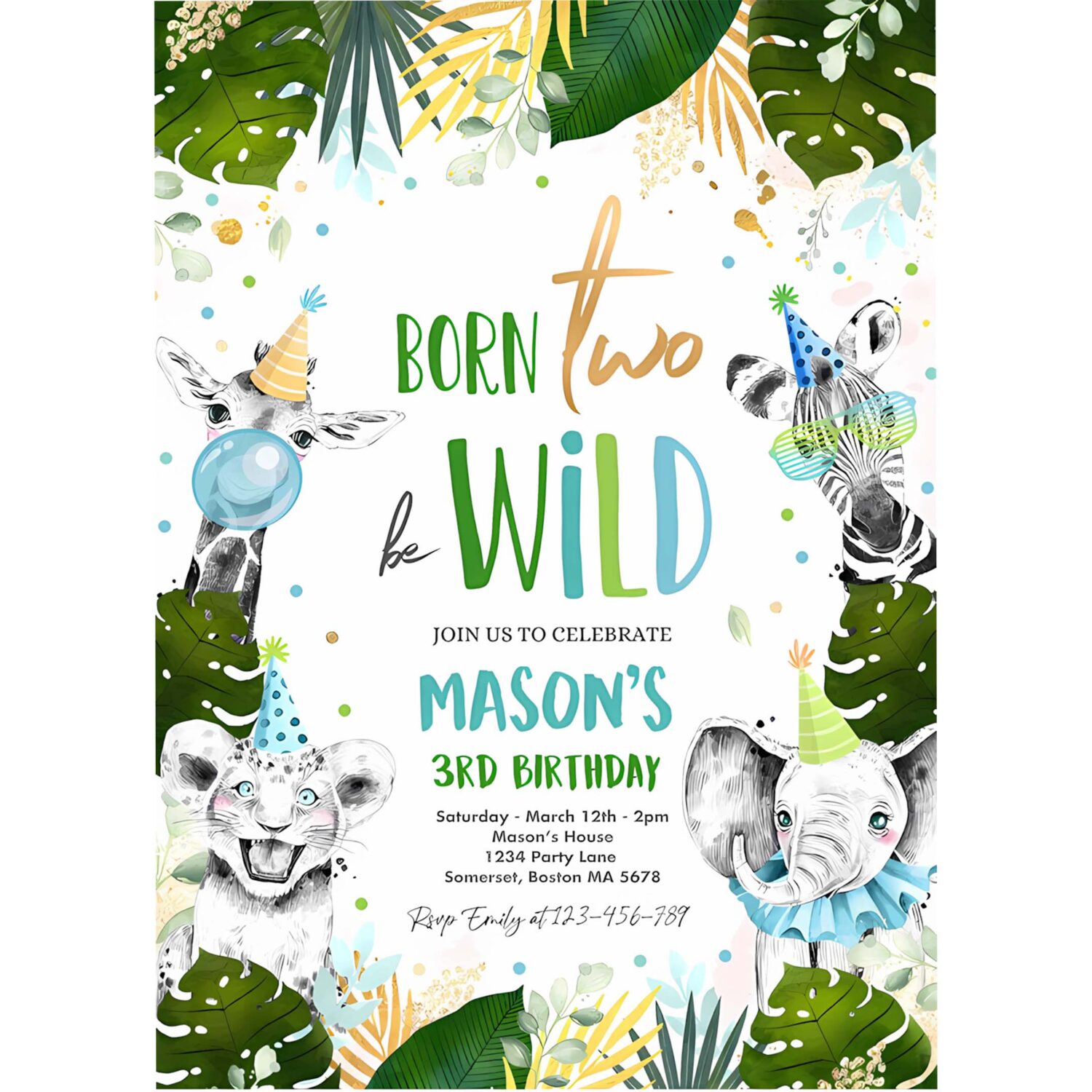 Editable born two be wild birthday invitation safari animal invite born two be wild 2nd birthday monochrome jungle party 4