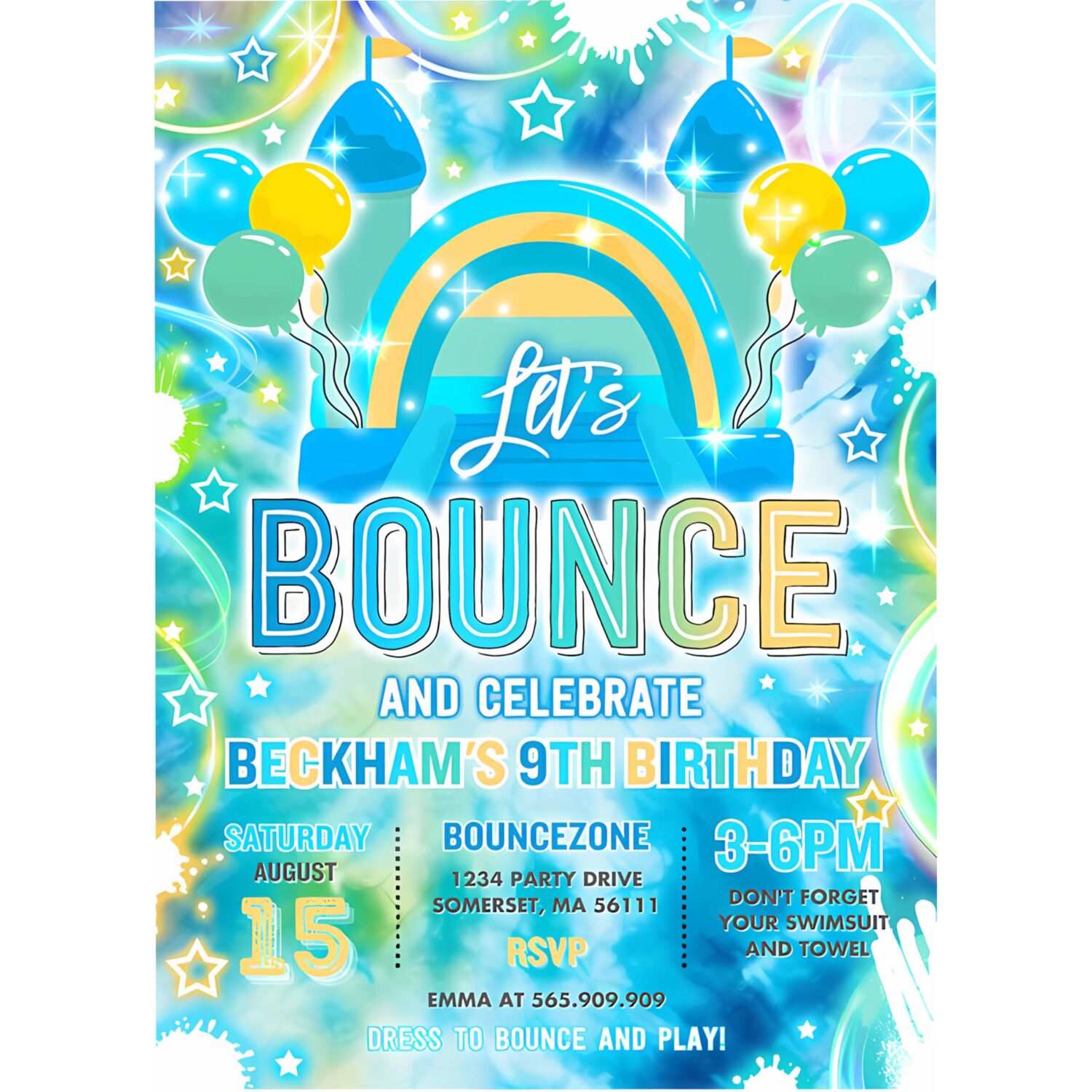 Editable bounce house birthday party invitation neon glow bouncy castle party bounce jump and play birthday party instant download h48 4