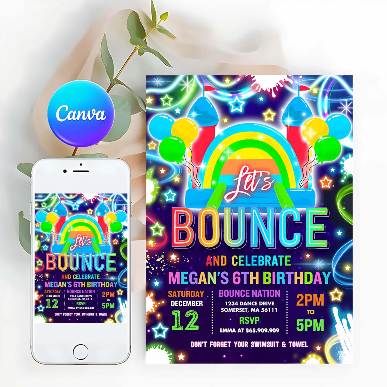 Editable bounce house birthday party invitation neon glow bouncy castle party bounce jump and play birthday party instant download tr2