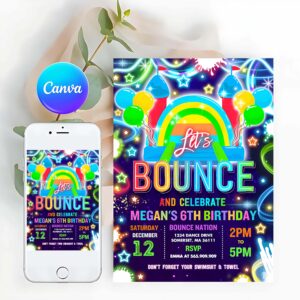 Neon Invitation, Bounce House Birthday Party Invitation Neon Glow Bouncy Castle Party Bounce Jump And Play Birthday Party