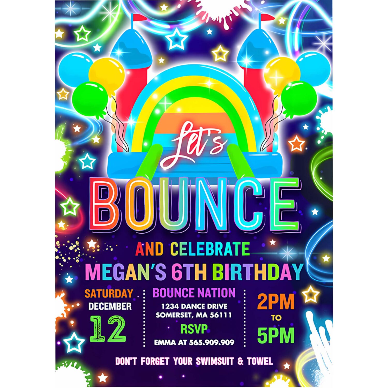 Editable bounce house birthday party invitation neon glow bouncy castle party bounce jump and play birthday party instant download tr2 4