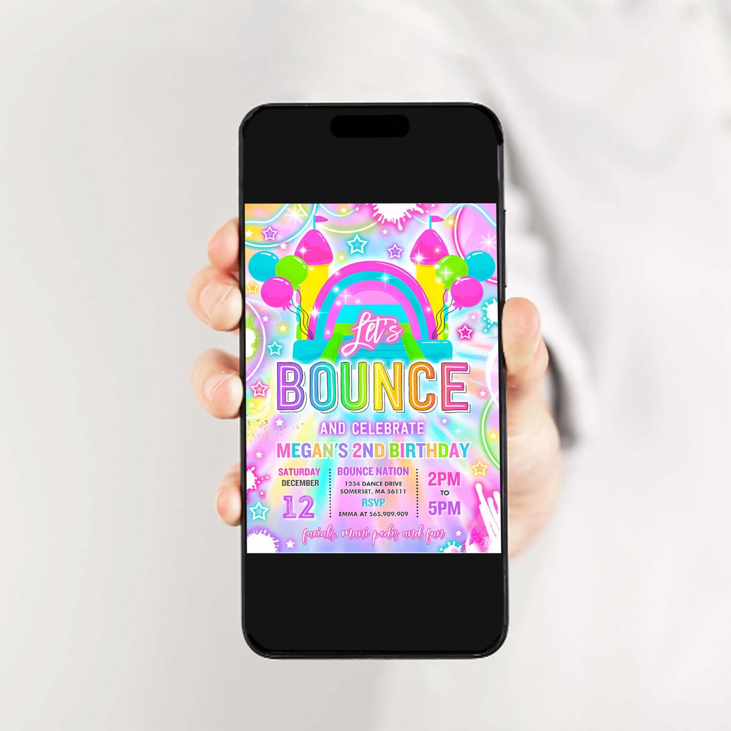 Editable bounce house birthday party invitation neon glow tie dye bouncy castle party bounce jump play birthday party instant download tr3 2