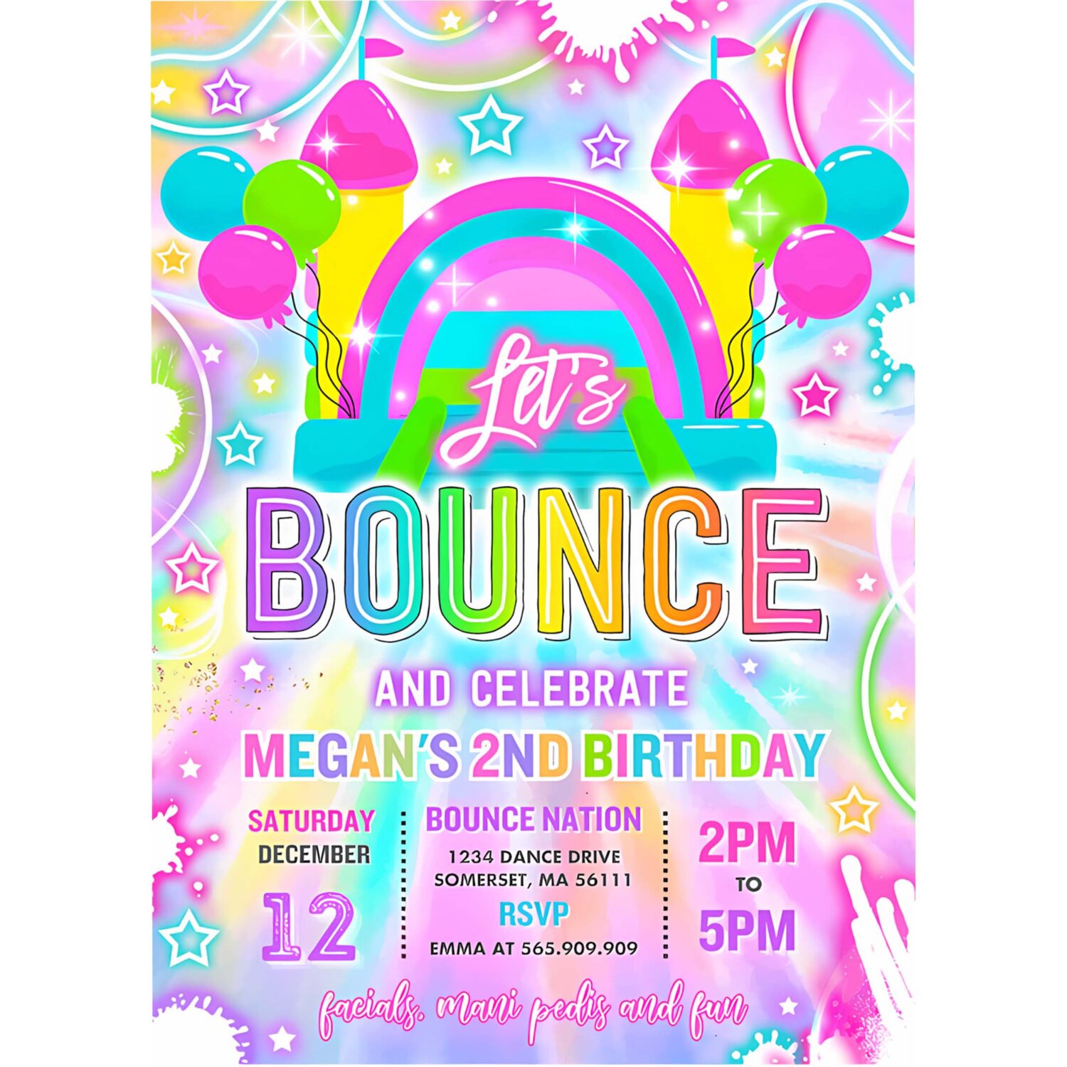 Editable bounce house birthday party invitation neon glow tie dye bouncy castle party bounce jump play birthday party instant download tr3 4