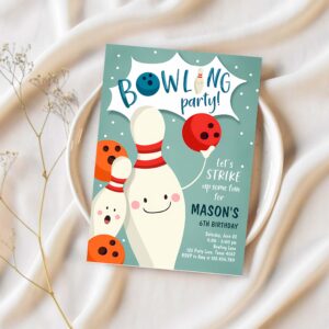 Editable bowling birthday invitation strike up some fun boy bowling party blue orange instant digital download printable template corjl 0324 1