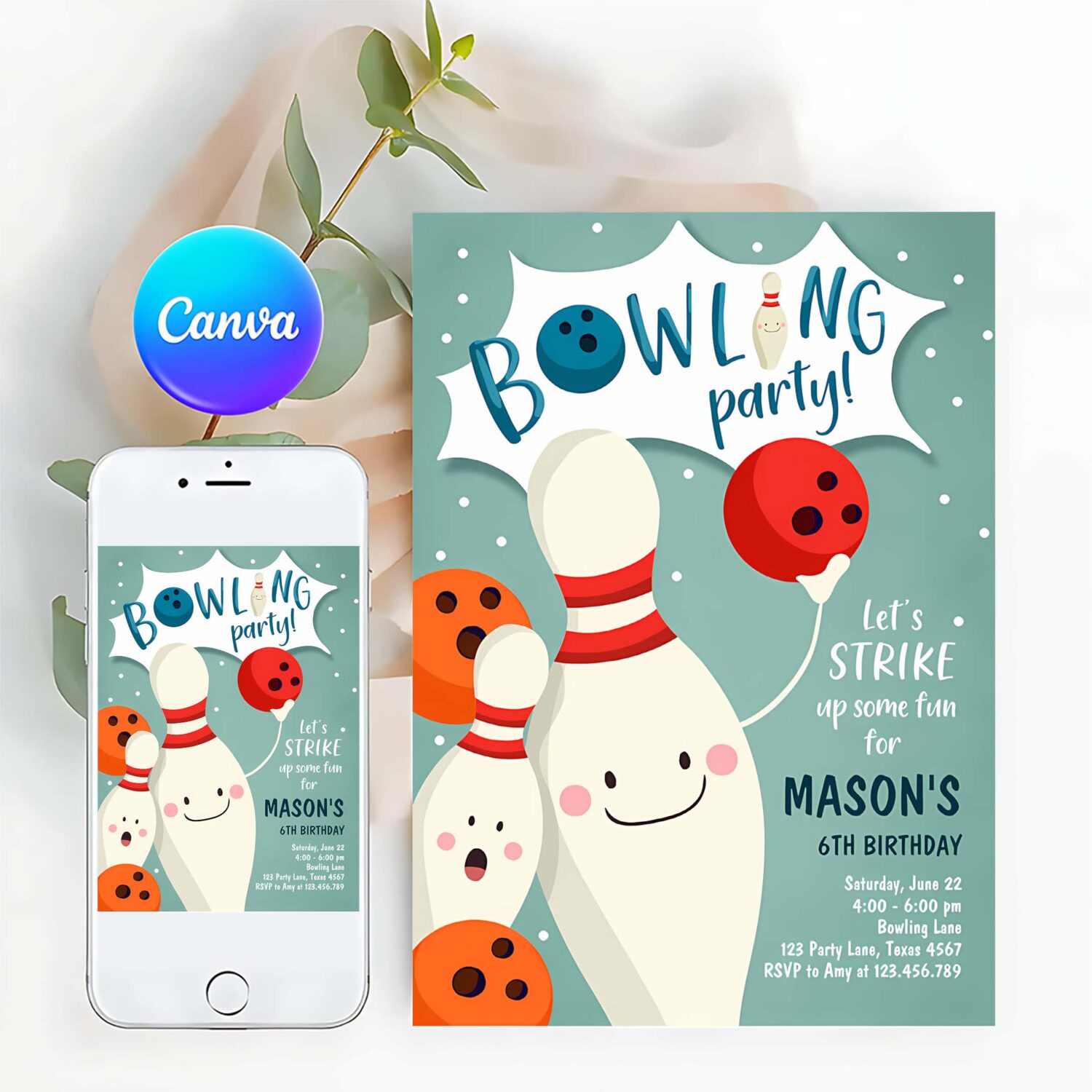 Editable bowling birthday invitation strike up some fun boy bowling party blue orange instant digital download printable template corjl 0324