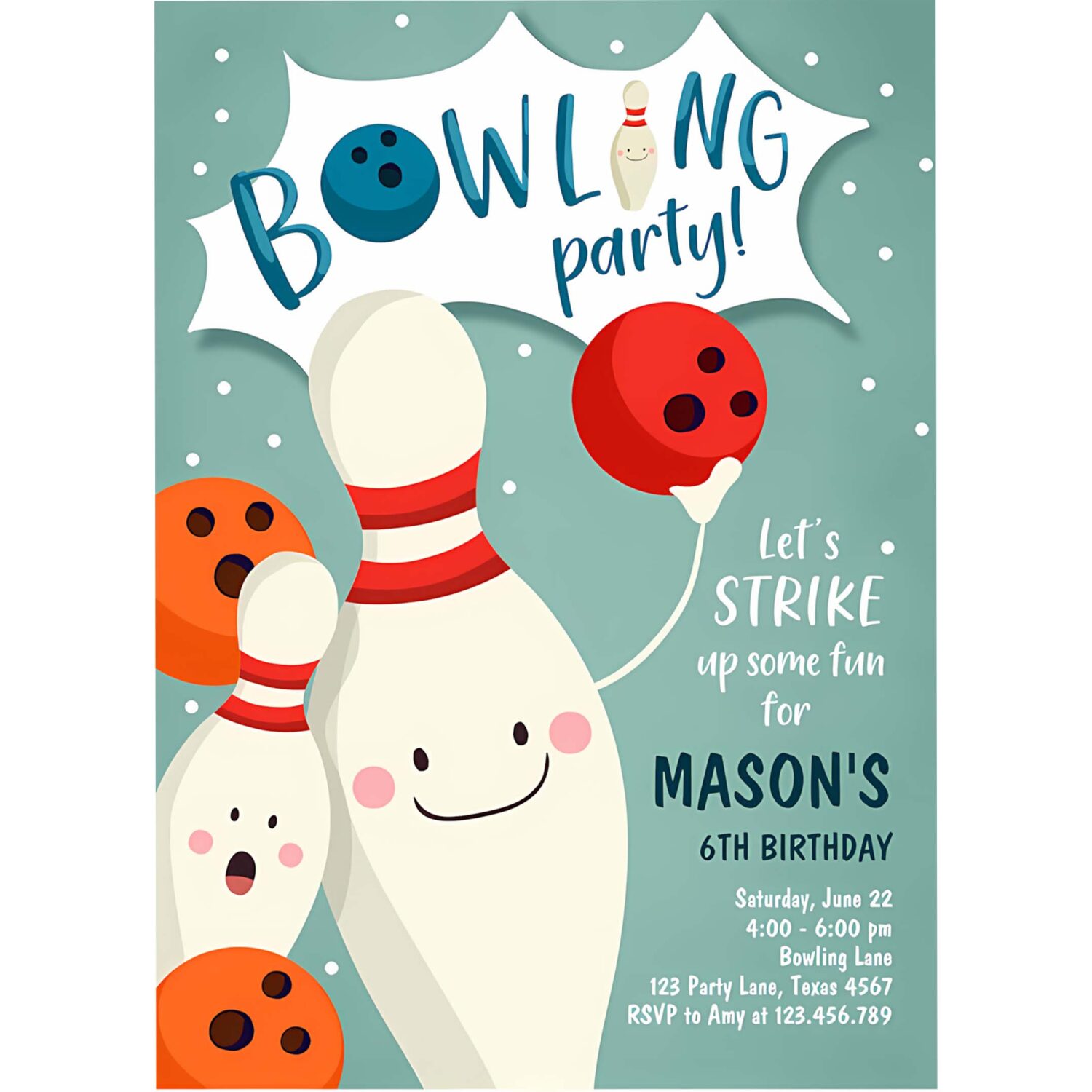 Editable bowling birthday invitation strike up some fun boy bowling party blue orange instant digital download printable template corjl 0324 4