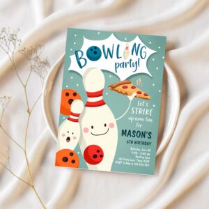 Editable bowling birthday invitation strike up some fun boy bowling party pizza blue orange instant download printable template corjl 0324 1