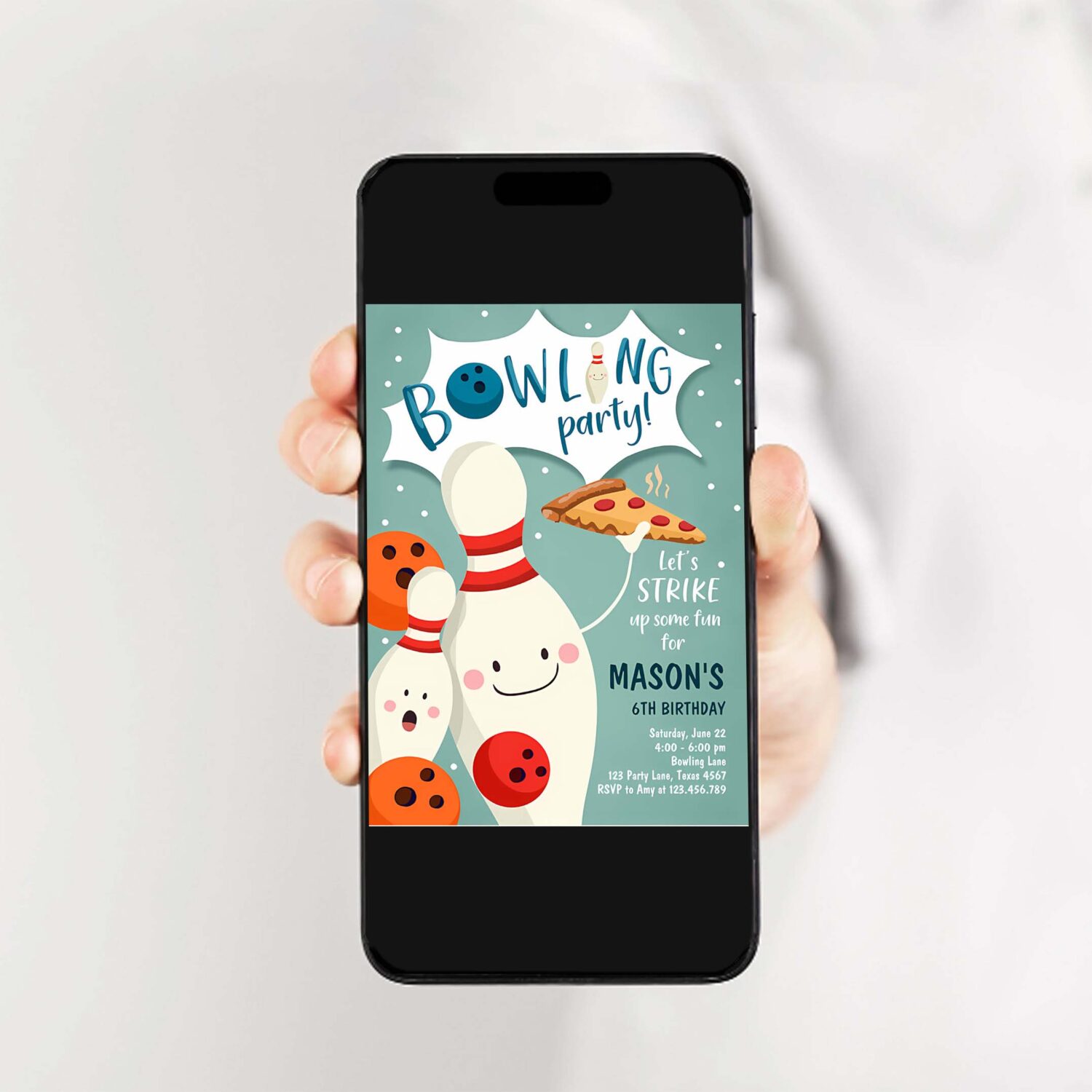 Editable bowling birthday invitation strike up some fun boy bowling party pizza blue orange instant download printable template corjl 0324 2