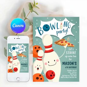 Bowling Invitation, Strike Up Some Fun Boy Bowling Party, Pizza Blue Orange Invitation