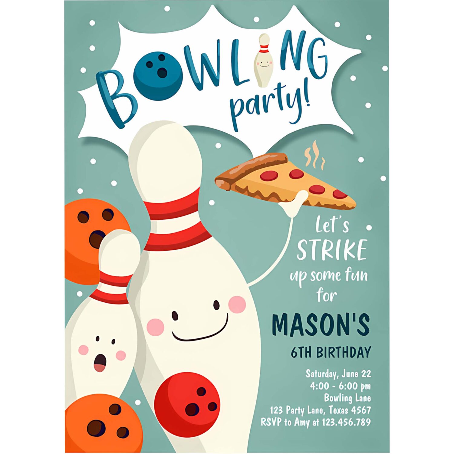 Editable bowling birthday invitation strike up some fun boy bowling party pizza blue orange instant download printable template corjl 0324 4