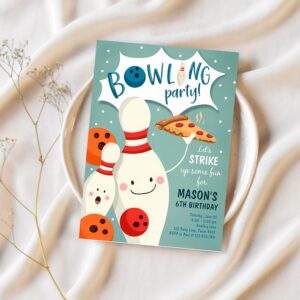 Editable bowling birthday invitation strike up some fun boy bowling party pizza blue orange party invitation 1