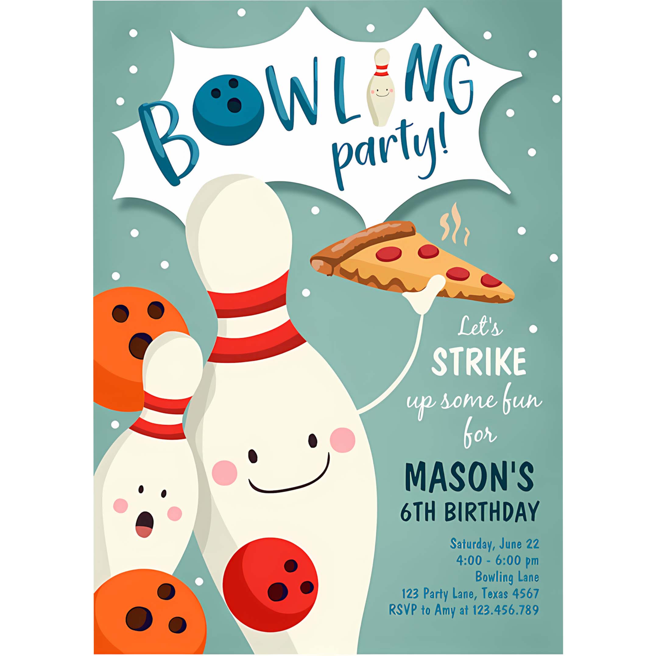 Editable Bowling Birthday Invitation Strike Up Some Fun Boy Bowling Party Pizza Blue Orange Party Invitation