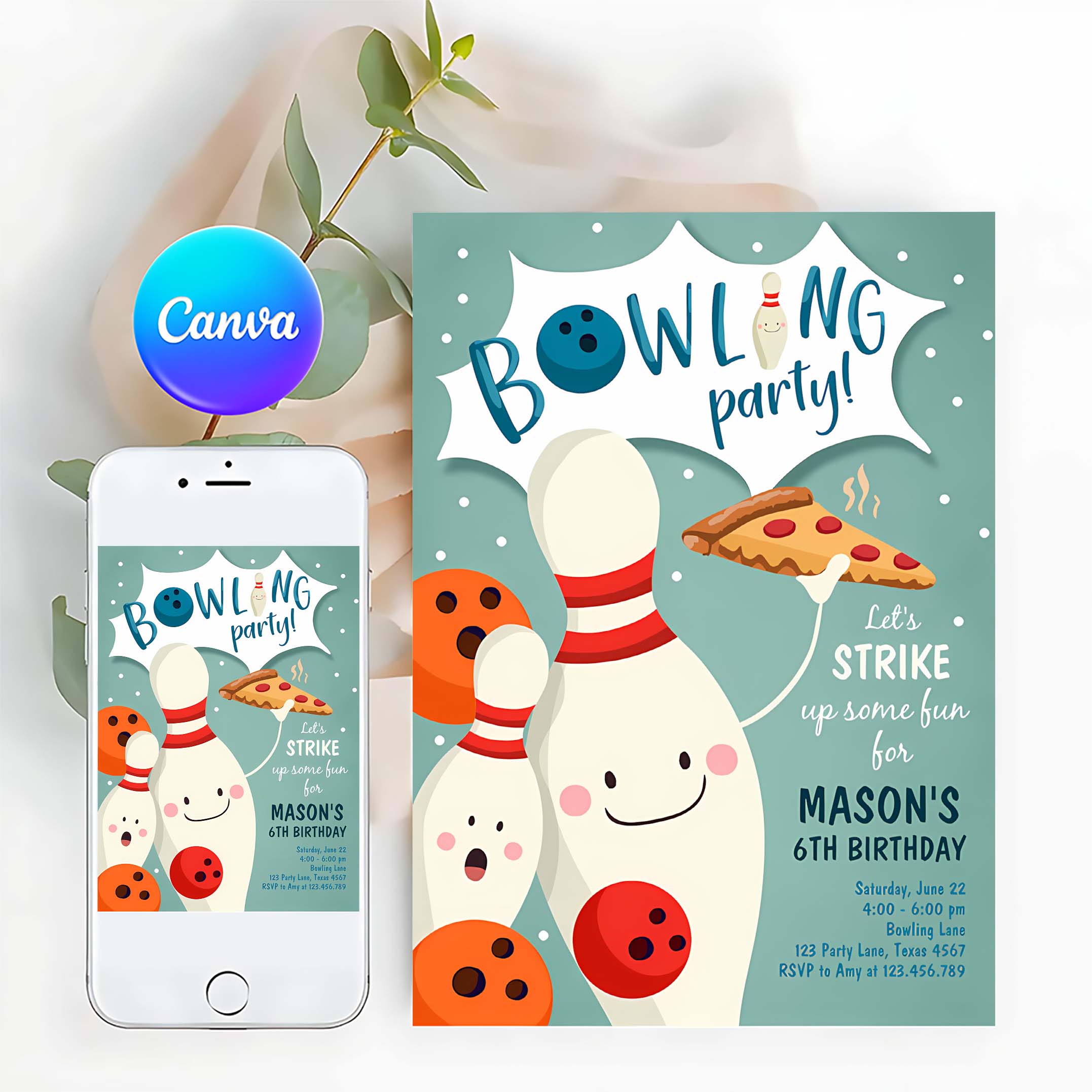 Editable Bowling Birthday Invitation Strike Up Some Fun Boy Bowling Party Pizza Blue Orange Party Invitation