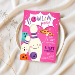 Editable bowling birthday invitation strike up some fun girl bowling party pizza pink purple instant download printable template corjl 0324 1