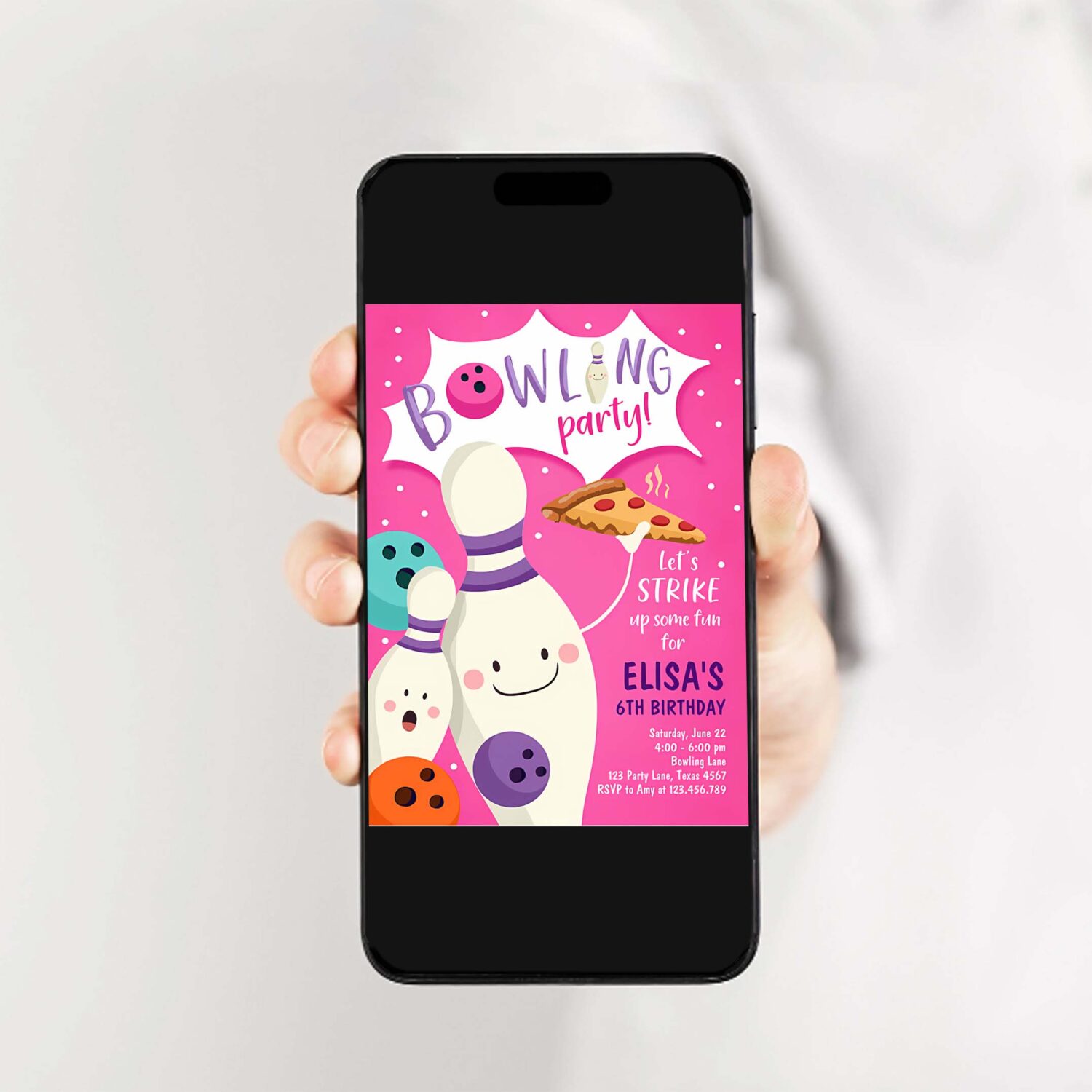 Editable bowling birthday invitation strike up some fun girl bowling party pizza pink purple instant download printable template corjl 0324 2