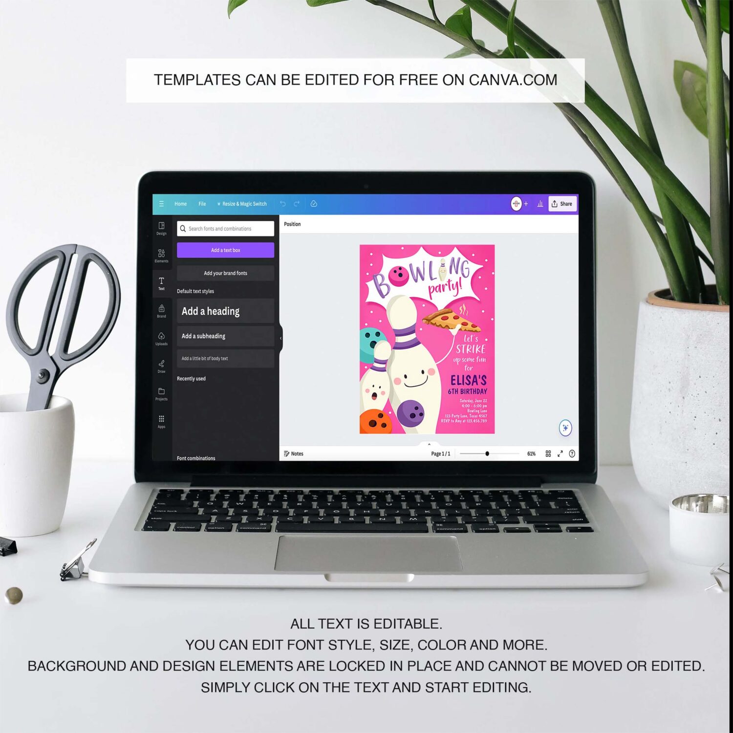 Editable bowling birthday invitation strike up some fun girl bowling party pizza pink purple instant download printable template corjl 0324 3