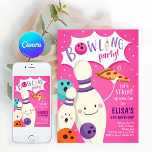 Bowling Invitation, Strike Up Some Fun Girl Bowling Party, Pizza Pink Purple Invitation