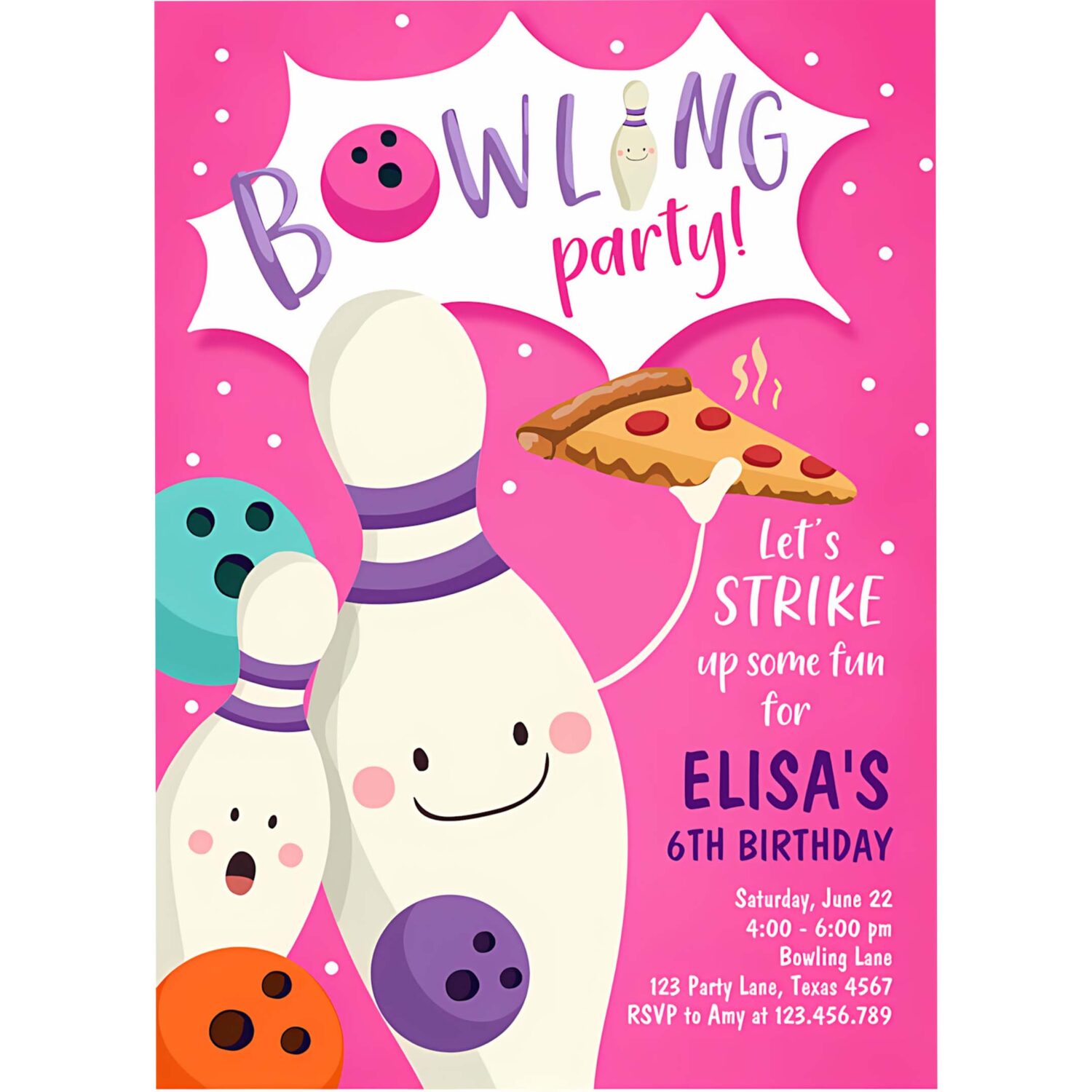 Editable bowling birthday invitation strike up some fun girl bowling party pizza pink purple instant download printable template corjl 0324 4
