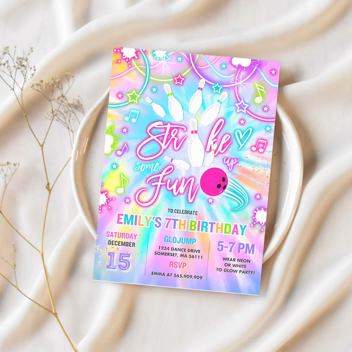 Editable bowling invitation tie dye bowling birthday party invite glow bowling party neon glow tie dye bowling party 1
