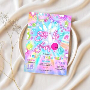 Editable bowling invitation tie dye bowling birthday party invite glow bowling party neon glow tie dye bowling party 1