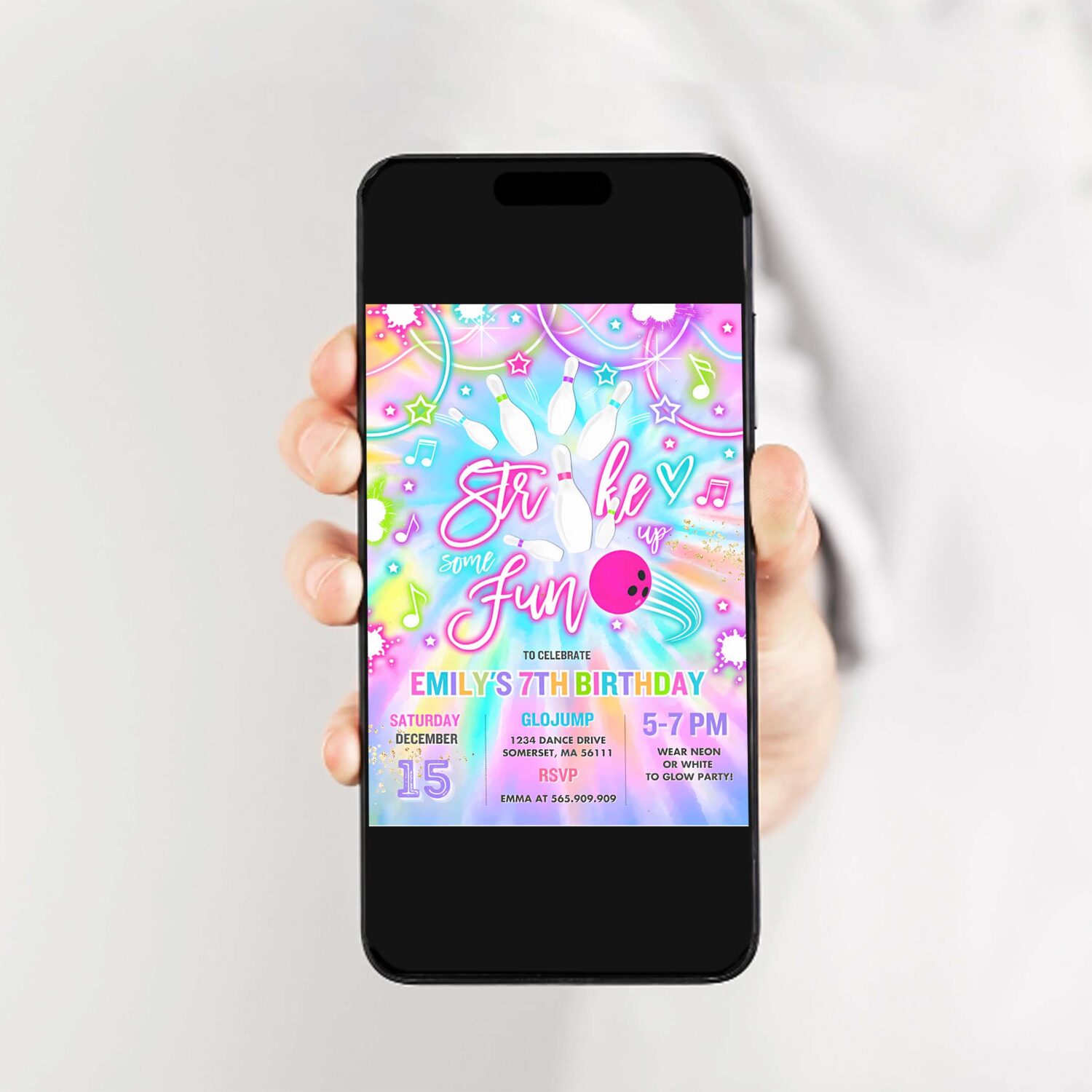 Editable bowling invitation tie dye bowling birthday party invite glow bowling party neon glow tie dye bowling party 2
