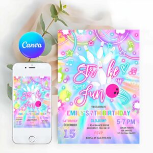 Tie Dye Invitation, Tie Dye Bowling Birthday Party Invite Glow Bowling Party Invitation