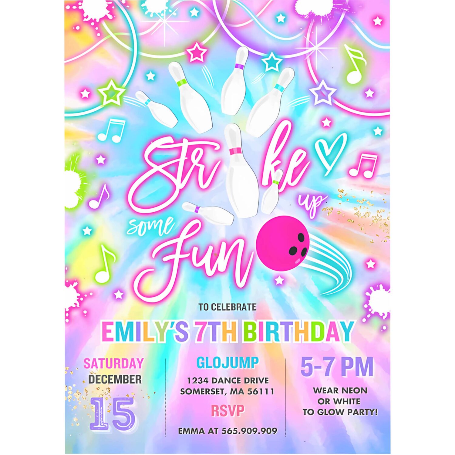 Editable bowling invitation tie dye bowling birthday party invite glow bowling party neon glow tie dye bowling party 4