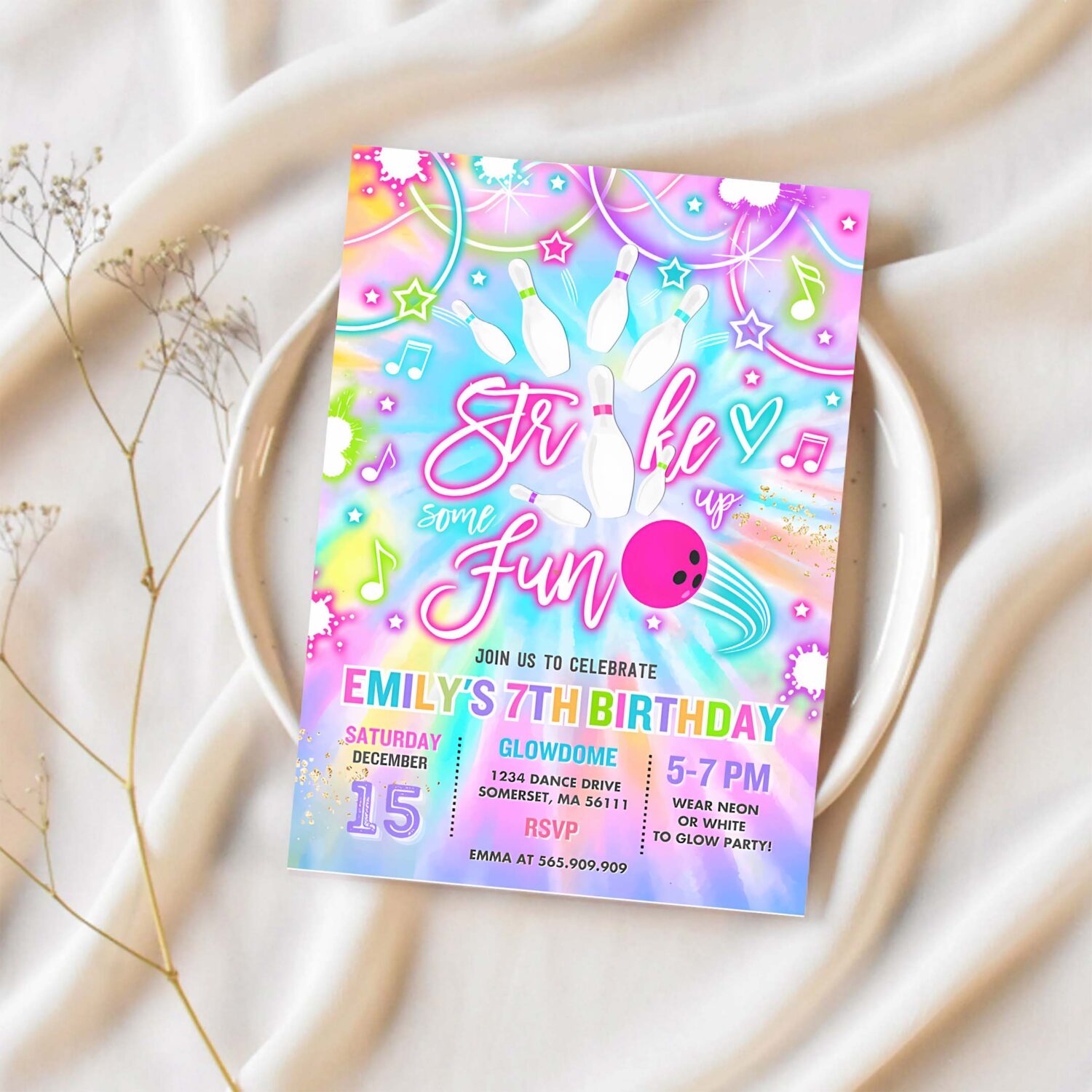 Editable bowling invitation tie dye bowling birthday party invite glow bowling party neon glow tie dye bowling party instant download oo 1