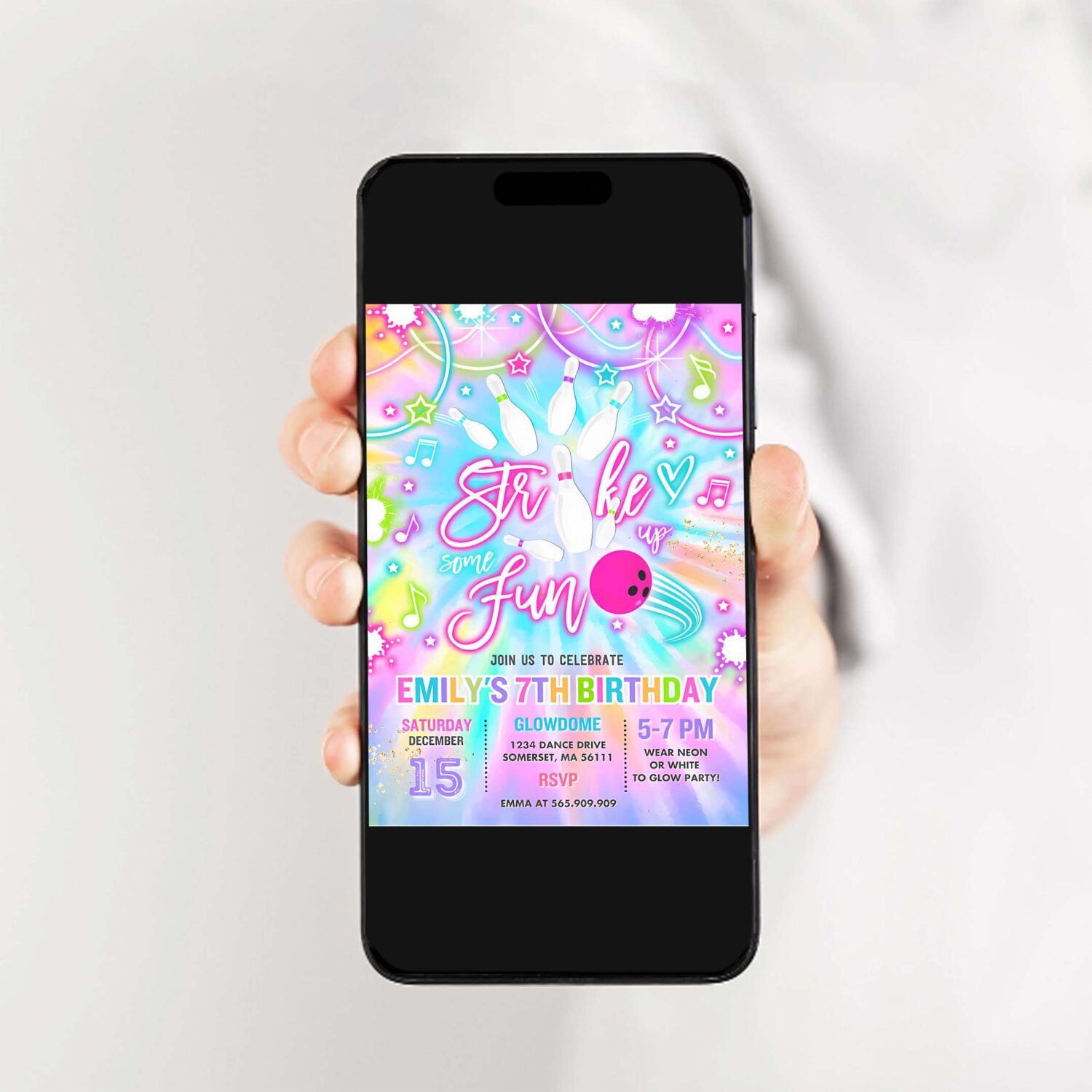Editable bowling invitation tie dye bowling birthday party invite glow bowling party neon glow tie dye bowling party instant download oo 2