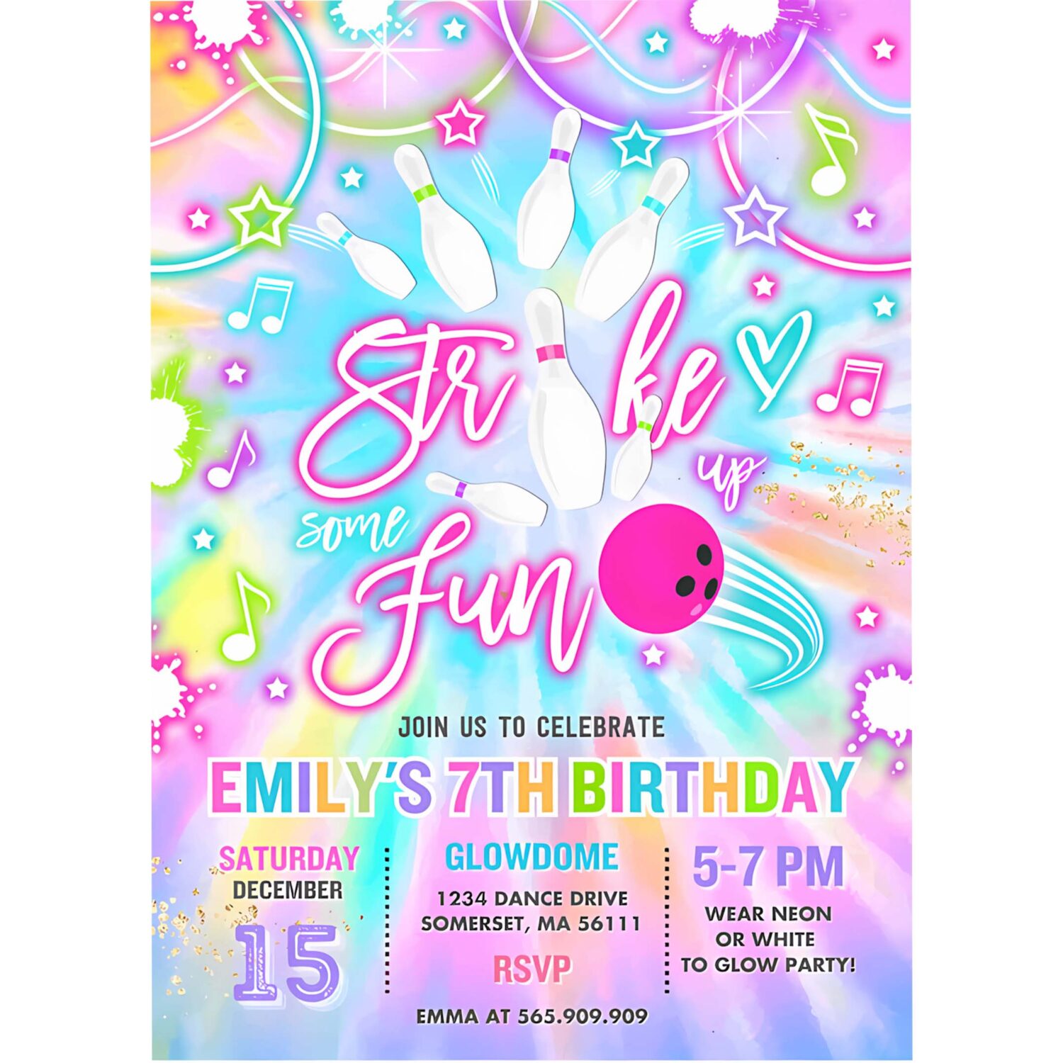 Editable bowling invitation tie dye bowling birthday party invite glow bowling party neon glow tie dye bowling party instant download oo 4