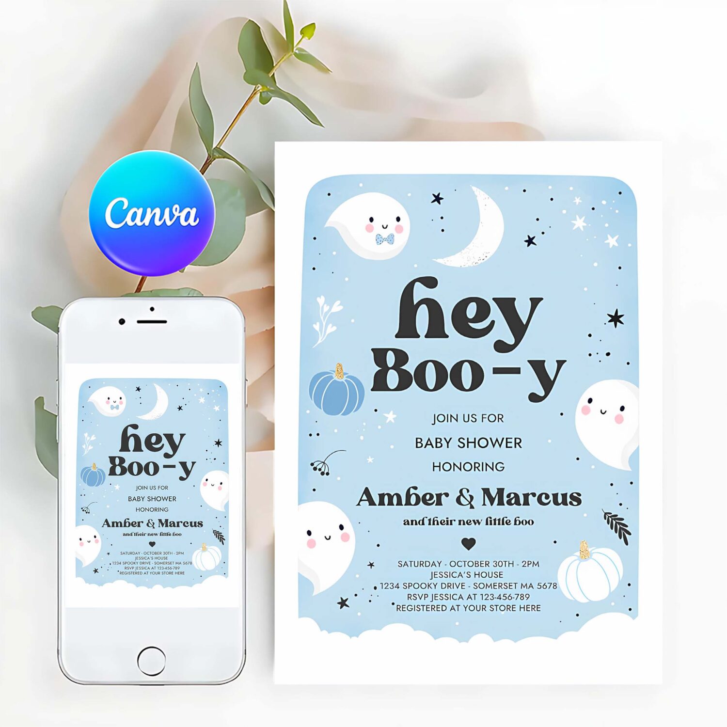 Editable boy ghost baby shower invitation hey boo y cute blue ghost baby shower little boo ghost halloween baby shower instant download b4