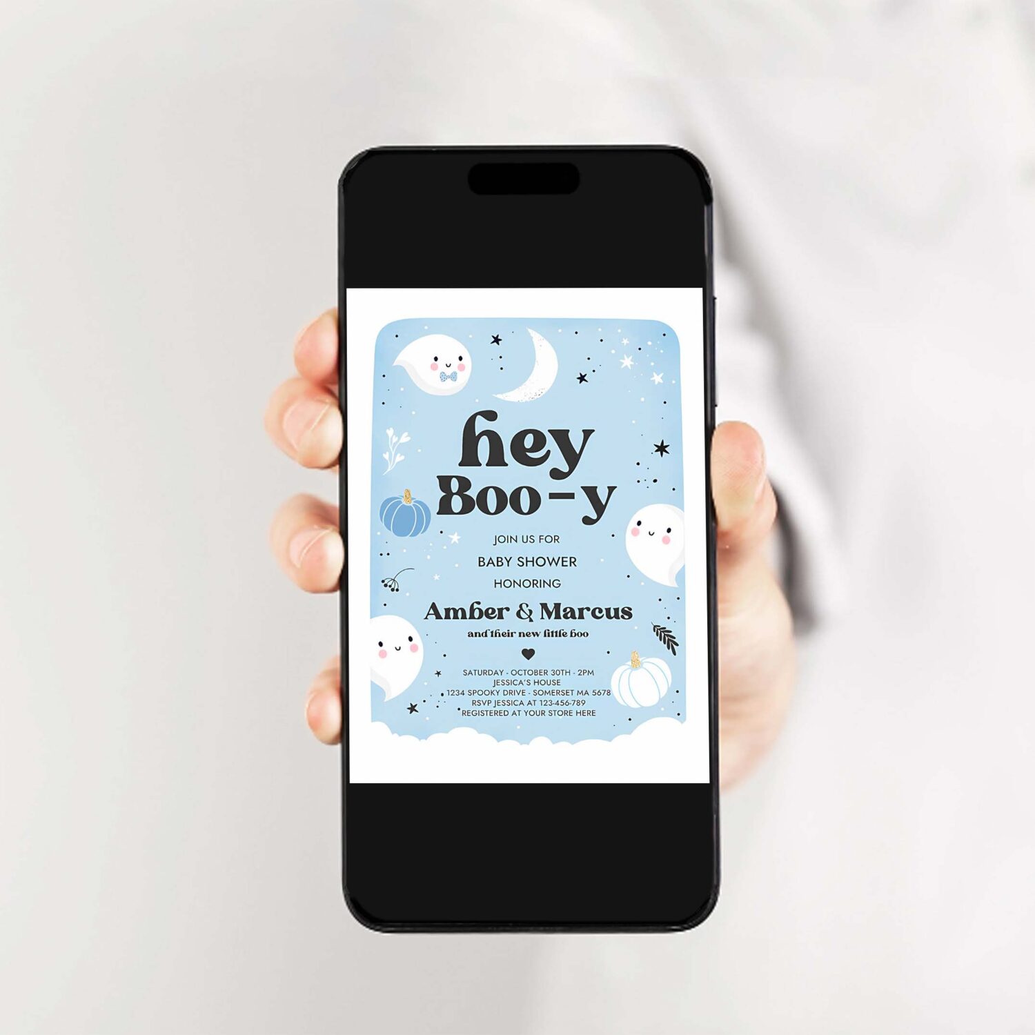 Editable boy ghost baby shower invitation hey boo y cute blue ghost baby shower little boo ghost halloween baby shower instant download b4 2