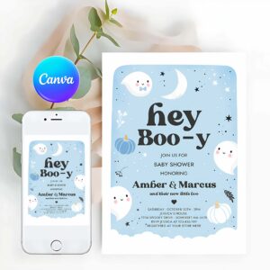 Little Boo Invitation, Boy Ghost Baby Shower Invitation Hey Boo-y Cute Blue Ghost Baby Shower Little Boo Ghost Halloween Baby Shower
