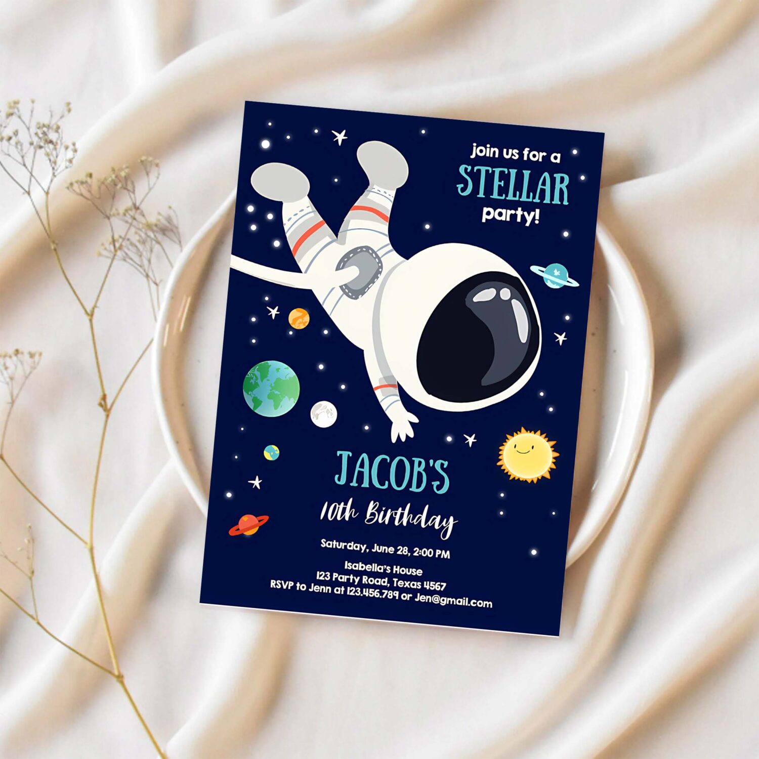 Editable boy space birthday party invitation outer space galaxy planets and stars astronaut download printable template digital corjl 0259 1