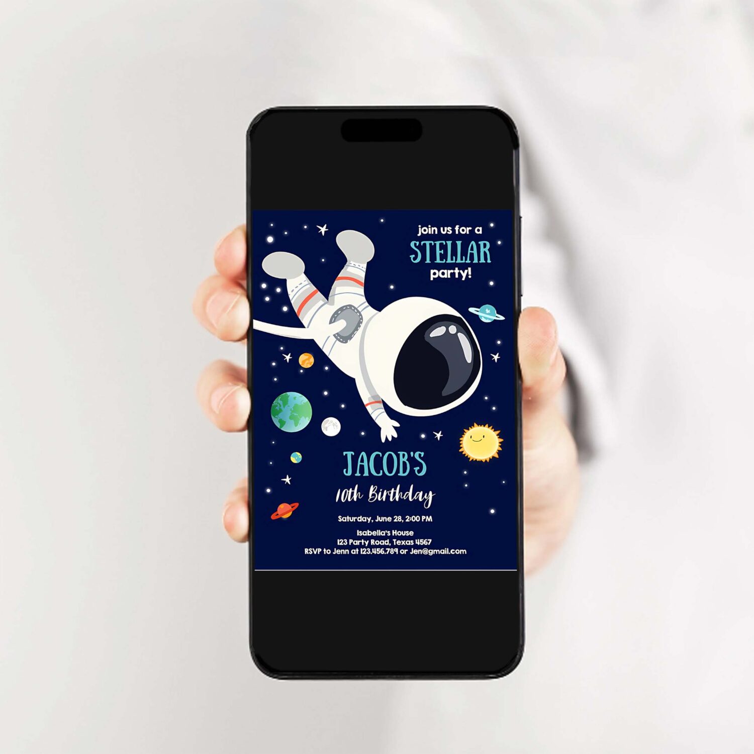 Editable boy space birthday party invitation outer space galaxy planets and stars astronaut download printable template digital corjl 0259 2